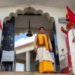 A Pandit at the entrance of the Chandrabadani mountain top temple.  A sacred Goddess temple in Devprayag in the region of Uttarakhand, India.